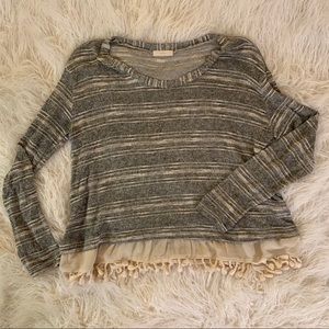 LUSH striped grey sweater with beige tassels